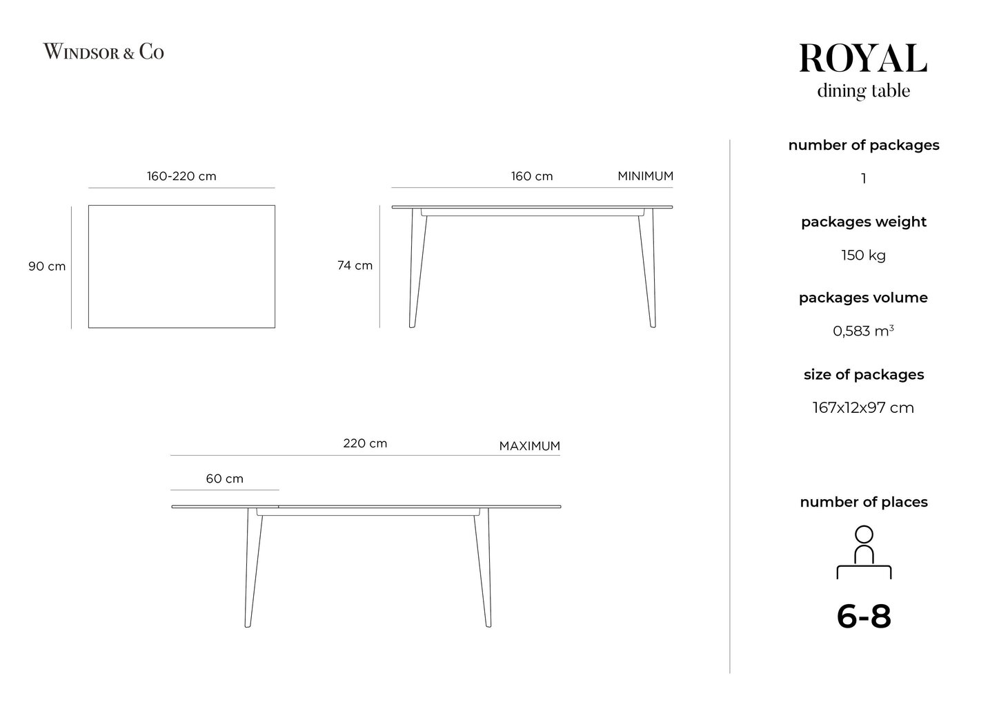 Laajennettava pöytä Windsor & Co Royal, 160x90 cm, ruskea. hinta ja tiedot | Ruokapöydät | hobbyhall.fi