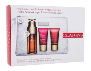 Clarins kosmetiikkasetti: Päivävoide Rose Radiance Super, 15 ml +yövoide Rose Radiance Super,​​​​​​15 ml + kasvoseerumi Double Serum, 50 ml + kosmetiikkalaukku, hinta ja tiedot | Kasvoöljyt ja seerumit | hobbyhall.fi