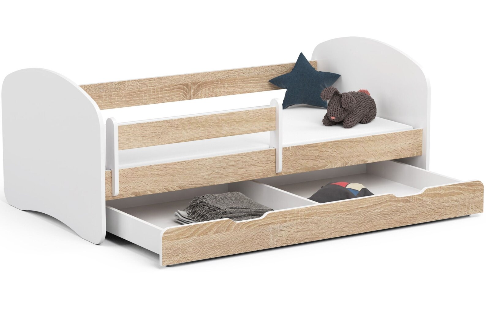 Sänky patjalla, vuodevaatelaatikolla ja irrotettavalla suojalla NORE Smile, 160x80 cm, valkoinen/tammi hinta ja tiedot | Lastensängyt | hobbyhall.fi