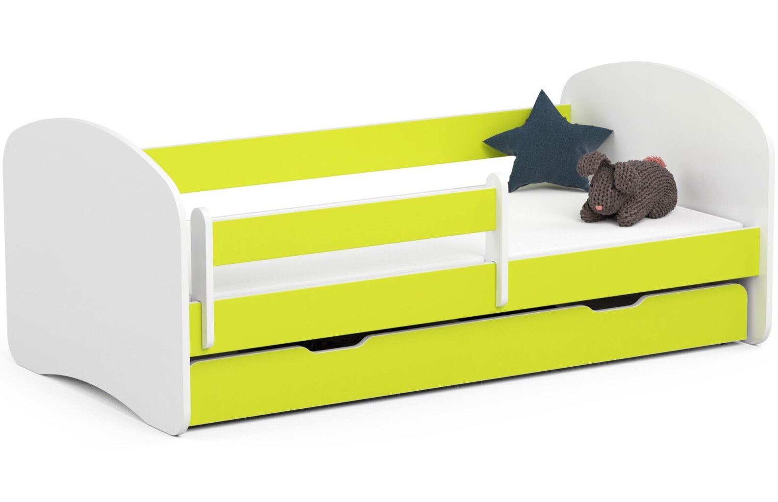 Sänky patjalla, vuodevaatelaatikolla ja irrotettavalla suojalla NORE Smile, 160x80 cm, valkoinen/vihreä hinta ja tiedot | Lastensängyt | hobbyhall.fi