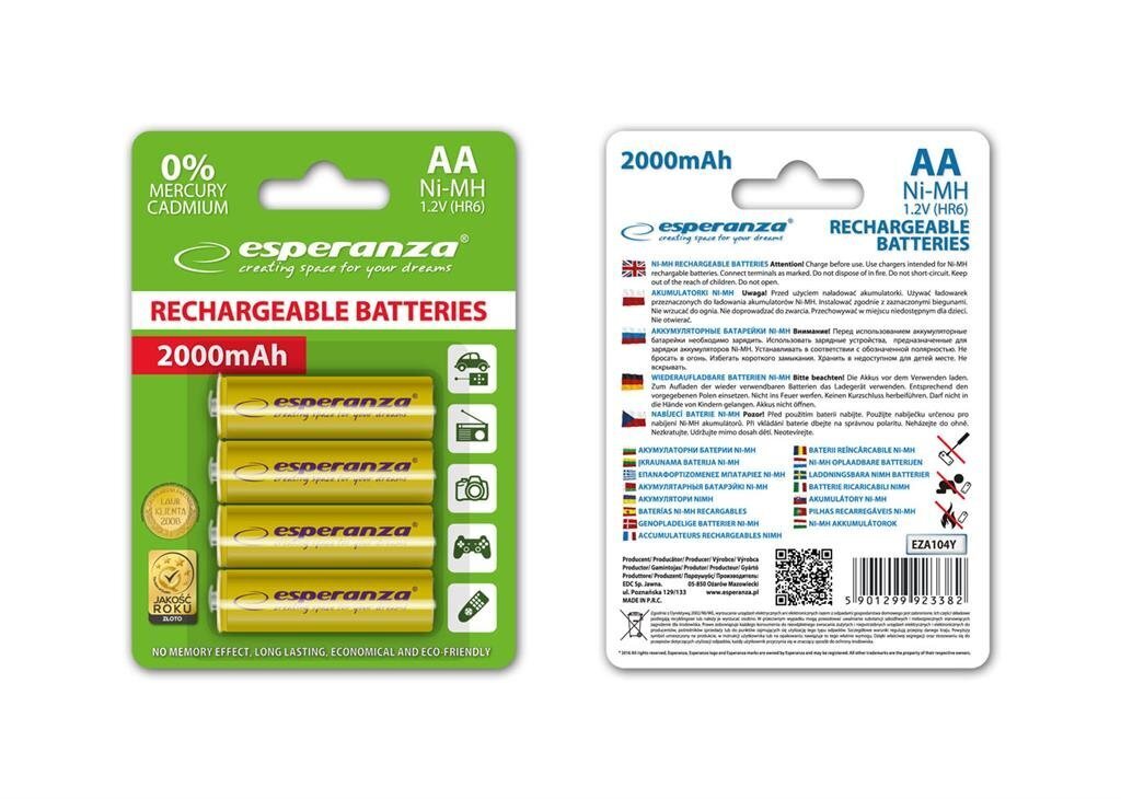 Ladattavat paristot Esperanza Ni-MH, AA, 2000mAh, 4kpl, keltainen, hinta ja tiedot | Paristot | hobbyhall.fi