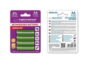 -Ladattava akku Esperanza EZA104G Ni-MH AA 2000MAH x4 hinta ja tiedot | Esperanza Valaistus ja sähkölaitteet | hobbyhall.fi