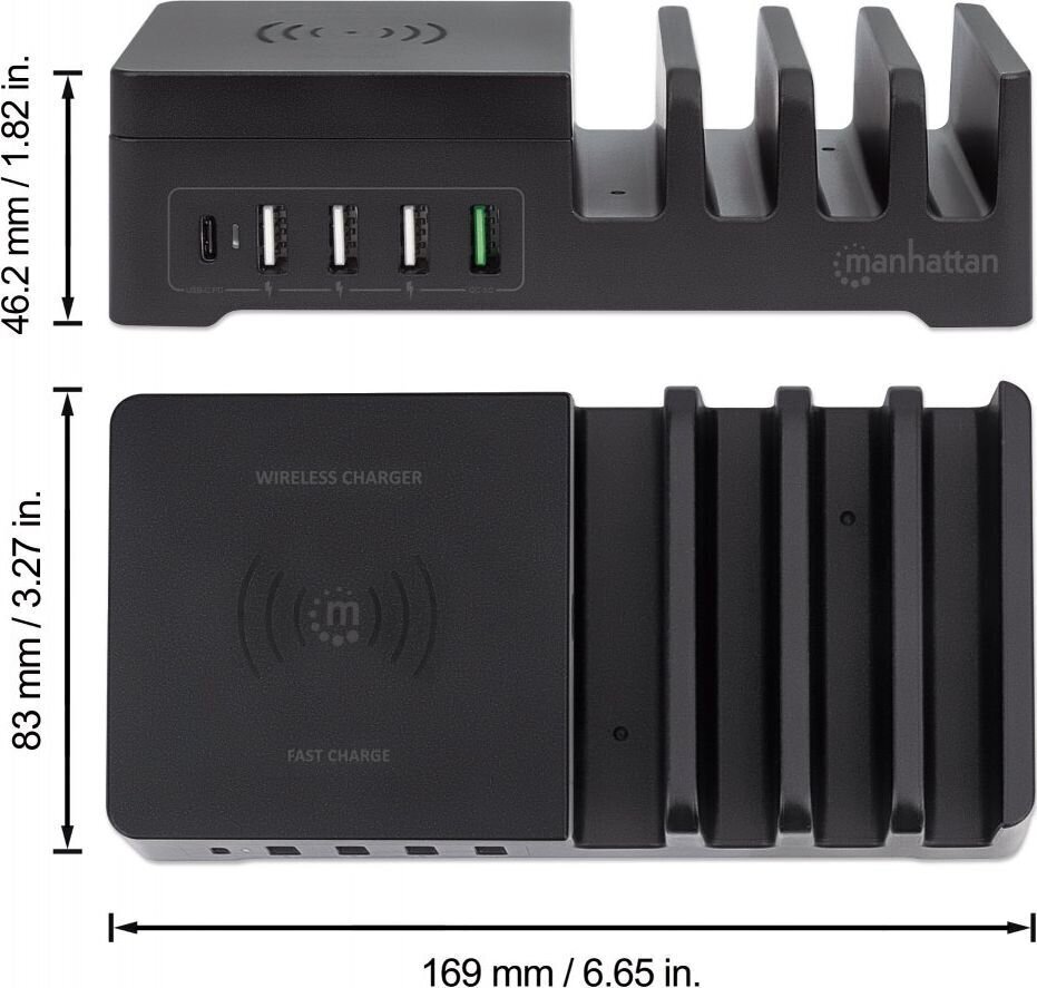 Latausasema Manhattan 55 W 1 x USB-C PD 30 W, 1 x USB-A QC 3.0 18 W, 3 x USB-A 5 V 2.4 A (36 W) ja Qi 10W langaton induktiivinen laturi hinta ja tiedot | Puhelimen laturit | hobbyhall.fi