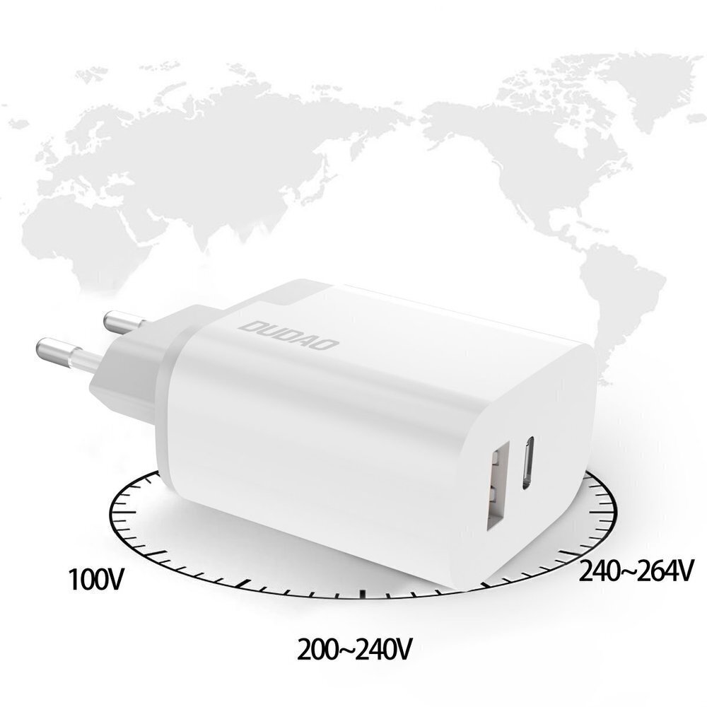 Dudao seinälaturi EU sovitin USB / USB Typ C Power Delivery pikalaturi 3.0 3A 22.5W valkoinen (A6xsEU valkoinen) hinta ja tiedot | Puhelimen laturit | hobbyhall.fi