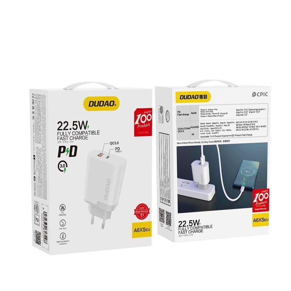 Dudao seinälaturi EU sovitin USB / USB Typ C Power Delivery pikalaturi 3.0 3A 22.5W valkoinen (A6xsEU valkoinen) hinta ja tiedot | Puhelimen laturit | hobbyhall.fi