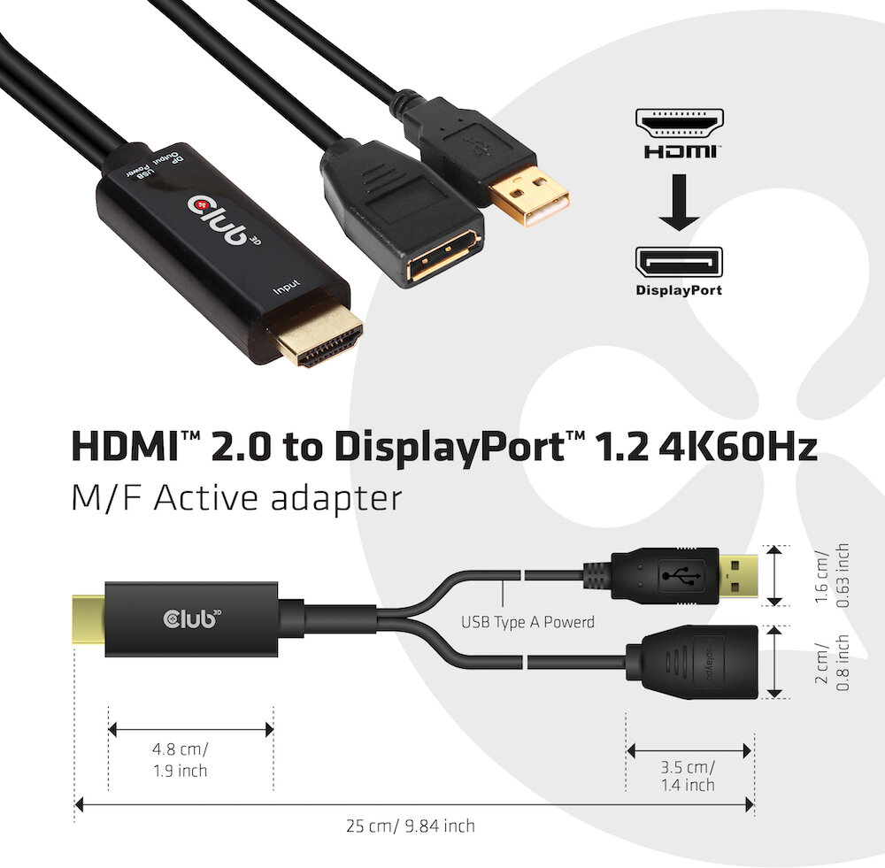 Adapter Club 3D HDMI - DisplayPort 1.2, USB-virtalähde, 25 cm hinta ja tiedot | Adapterit | hobbyhall.fi