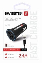 Swissten Premium Car charger 12 / 24V / 1A + 2.1A + USB-C Data Cable 100 cm Black hinta ja tiedot | Puhelimen laturit | hobbyhall.fi