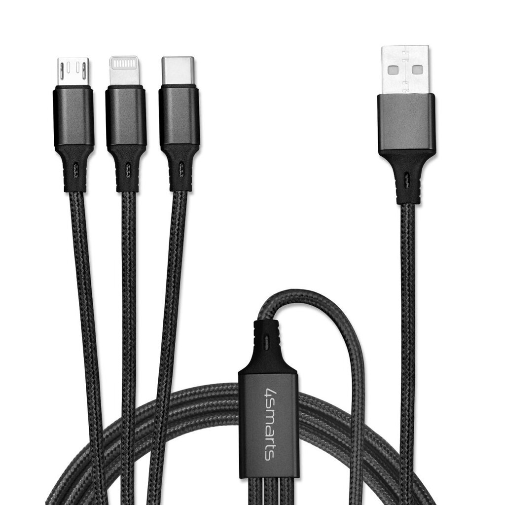 4smarts tekstiilikaapeli 3in1 ForkCord Micro USB / USB-C / Lightning / 1m / musta hinta ja tiedot | Kaapelit ja adapterit | hobbyhall.fi