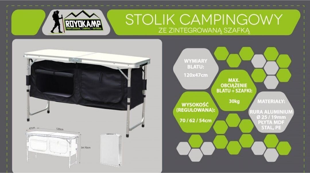 Royokamp Touring -taitettava pöytä hyllyillä, 120 x 60 x 70/62/54 cm hinta ja tiedot | Retkeilyvarusteet | hobbyhall.fi