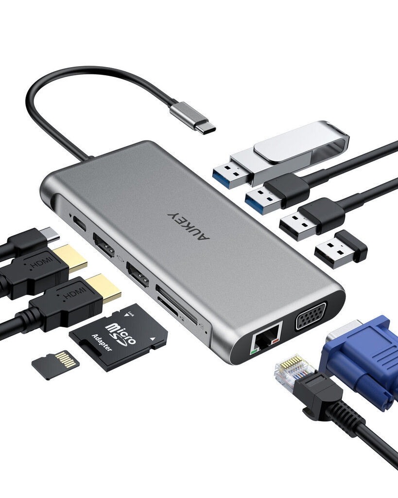 HUB CB-C78 alumiini USB-C | 12w1 | RJ45 Ethernet 10/100 / 1000 Mbps 2xUSB 3.1 | 2xUSB 2.0 | 2xHDMI 4k @ 30Hz | VGA SD:stä microSD:hen | USB-C | USB-C hinta ja tiedot | Adapterit | hobbyhall.fi