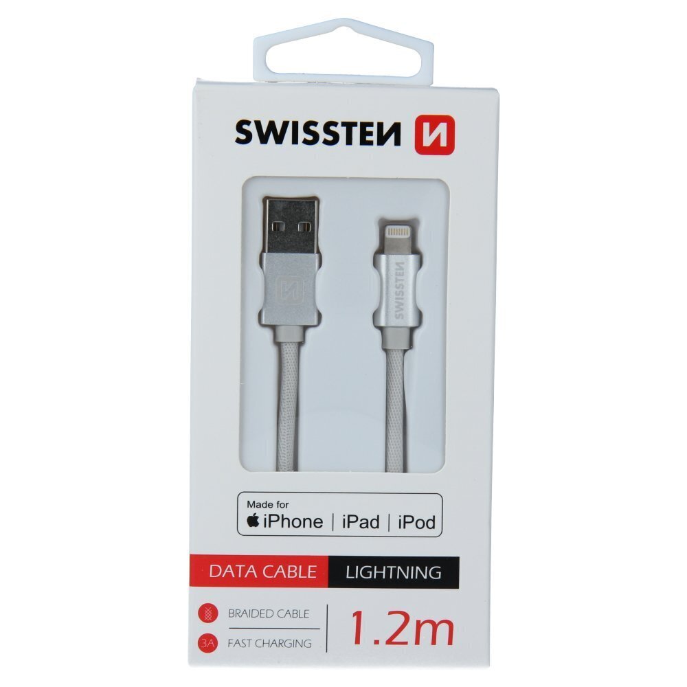 Swissten (MFI) Textile Fast Charge 3A Lightning (MD818ZM/A) Data and Charging Cable 1.2m Silver hinta ja tiedot | Kaapelit ja adapterit | hobbyhall.fi