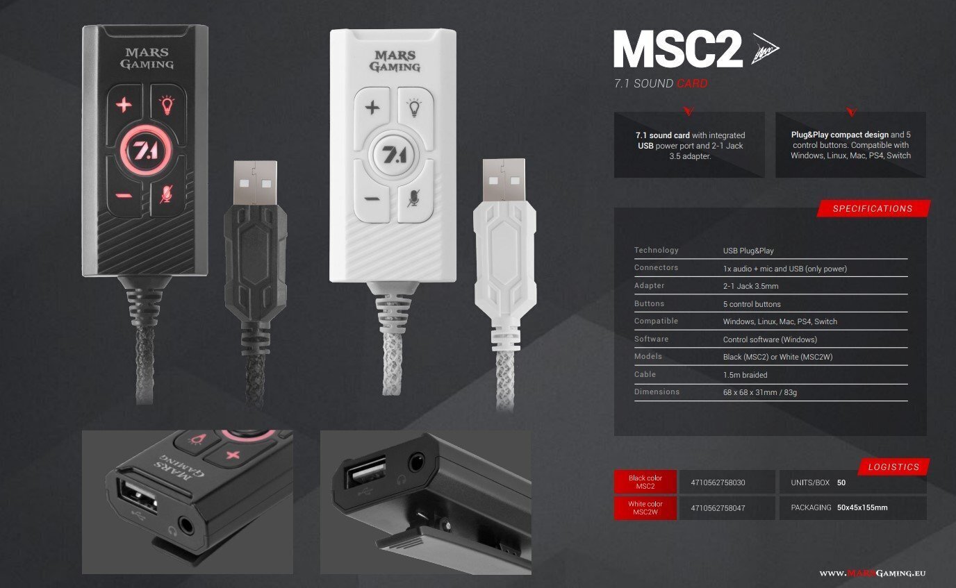Mars Gaming MSC2W äänikortti 7.1 USB hinta ja tiedot | Äänikortit | hobbyhall.fi