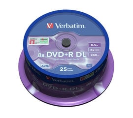 Verbatim kaksikerroksinen DVD + R 8,5 Gt 8x Matta Hopea 25 kpl kara - 43757 hinta ja tiedot | Verbatim Tietokoneet ja pelaaminen | hobbyhall.fi