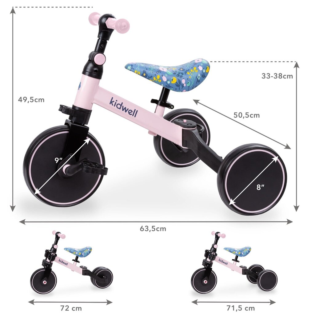 Kidwell Pico 3 in 1 -kolmipyörä/potkupyörä, pinkki hinta ja tiedot | Kolmipyörät | hobbyhall.fi