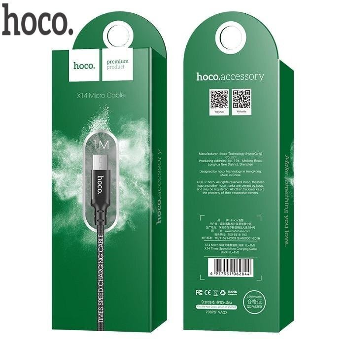 Hoco Premium Times Speed X14 Vahva Micro USB USB data ja latauskaapeli 1 m, musta hinta ja tiedot | Puhelinkaapelit | hobbyhall.fi