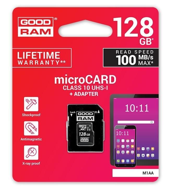 Goodram MicroSDXC 128GB Class 10/UHS 1 + sovitin hinta ja tiedot | Muistitikut | hobbyhall.fi