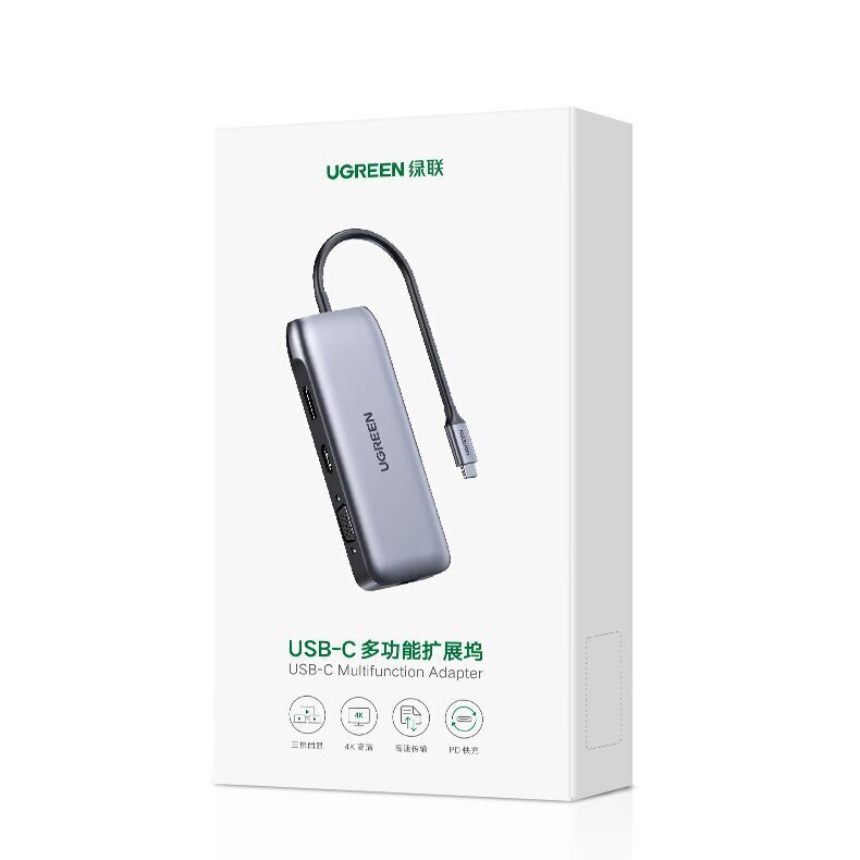 Ugreen monikäyttöinen HUB 9in1 USB Type C - HDMI, DP, VGA, 2 x USB, RJ45 Ethernet, SD/TF-kortinlukija, USB Type C PD 100W harmaa (CM274) hinta ja tiedot | Adapterit | hobbyhall.fi