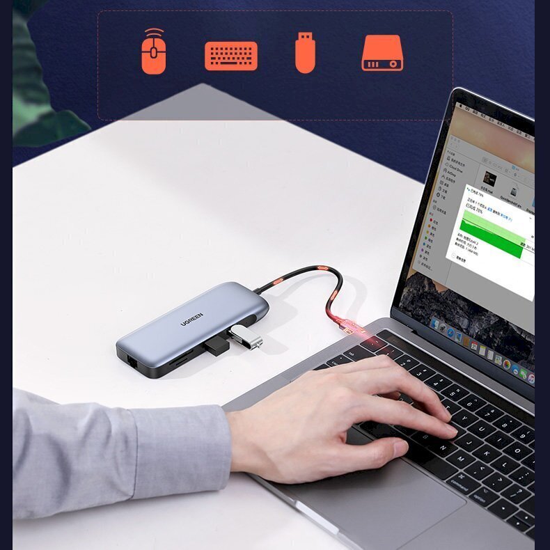 Ugreen monikäyttöinen HUB 9in1 USB Type C - HDMI, DP, VGA, 2 x USB, RJ45 Ethernet, SD/TF-kortinlukija, USB Type C PD 100W harmaa (CM274) hinta ja tiedot | Adapterit | hobbyhall.fi