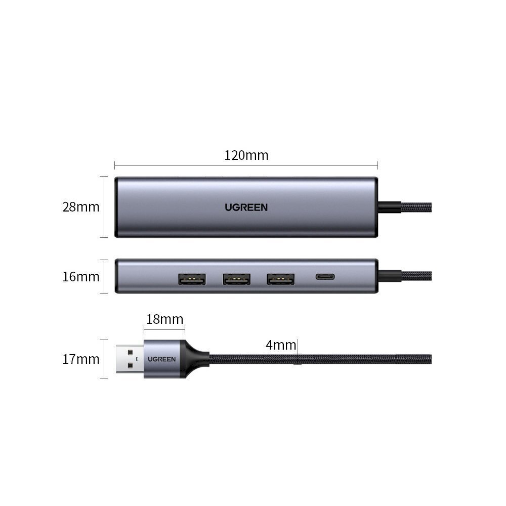 Ugreen monitoiminen sovitin HUB USB tyyppi C - 3 x USB/Ethernet RJ-45/USB tyyppi C PD harmaa (CM475) hinta ja tiedot | Adapterit | hobbyhall.fi