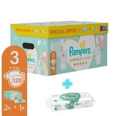 Pampers Premium Care Koko 3 (Mini), 6 - 10 kg, 120 vaippaa + ILMAINEN Aqua Pure 48 Kosteuspyyhkeet hinta ja tiedot | Vaipat | hobbyhall.fi