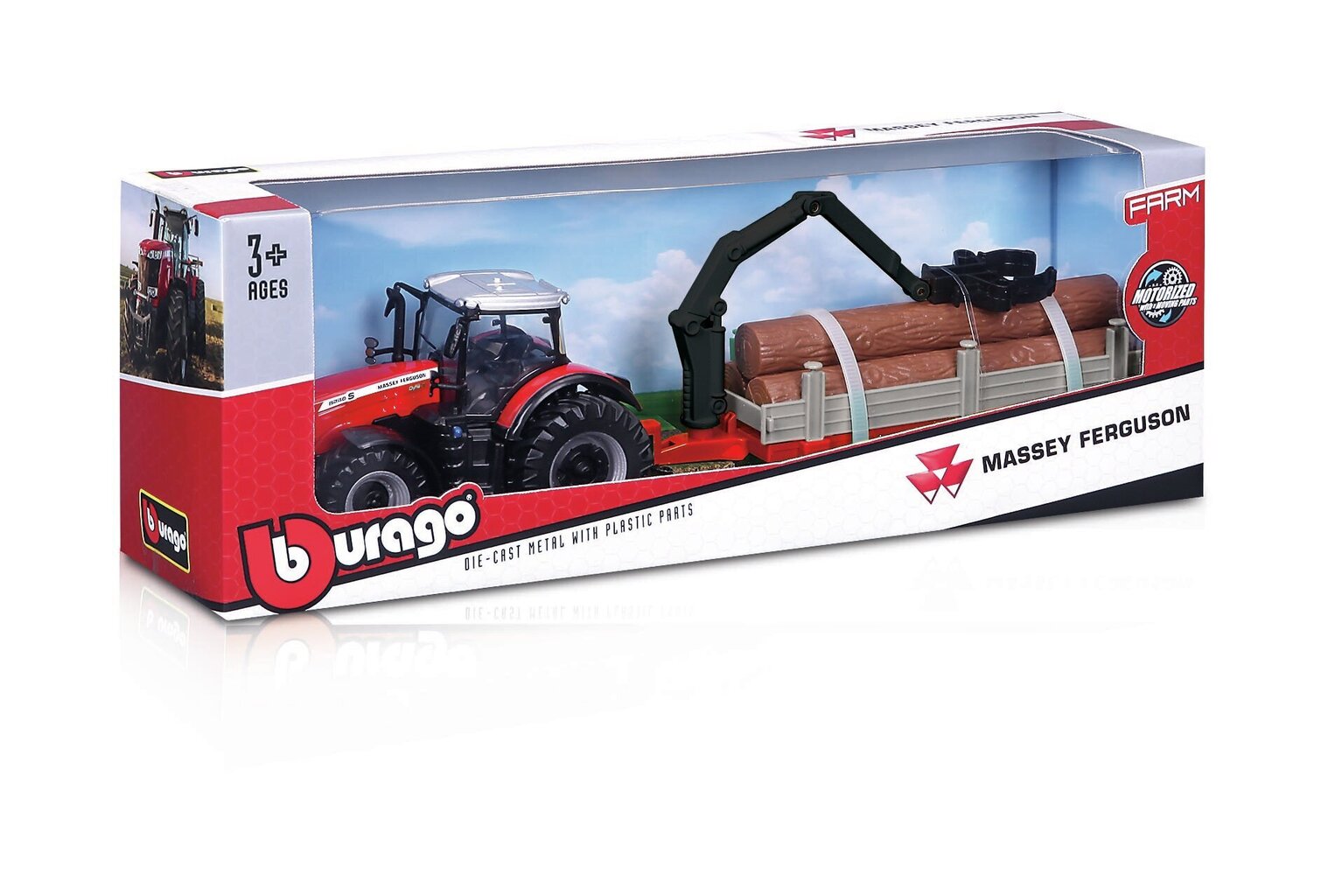 Traktori Massey Ferguson perävaunulla Bburago 10 cm, 18-31850 hinta ja tiedot | Poikien lelut | hobbyhall.fi