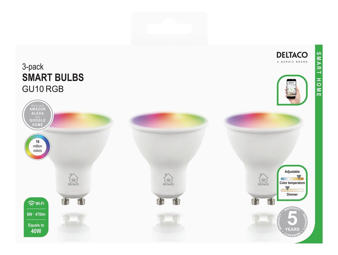 DELTACO SMART HOME Himmennettävä GU10-älylamppu LED, 5W, 470lm, 220-240V, RGB/SH-LGU10RGB-3P hinta ja tiedot | Lamput | hobbyhall.fi