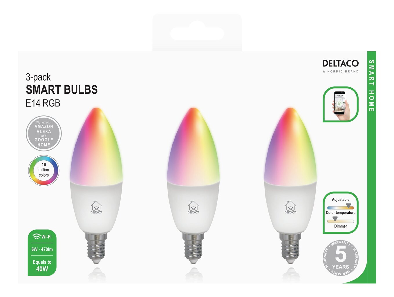 Deltaco Smart Home LED-älylamppu, E14, 5W, 220-240V, RGB, 3kpl. hinta ja tiedot | Lamput | hobbyhall.fi