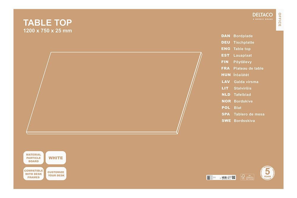 Pöytälevy Deltaco Office Delo-0120 1200x750x25 mm, valkoinen hinta ja tiedot | Muut huonekalutarvikkeet | hobbyhall.fi