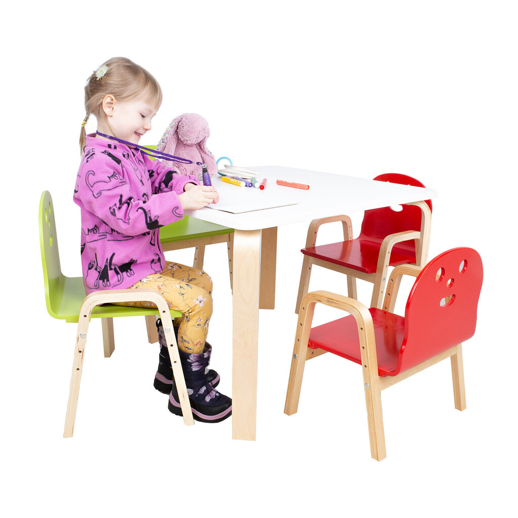 Lasten setti HAPPY pöytä ja 2 tuolia, valkoinen/punainen/vihreä hinta ja tiedot | Lasten pöydät ja tuolit | hobbyhall.fi