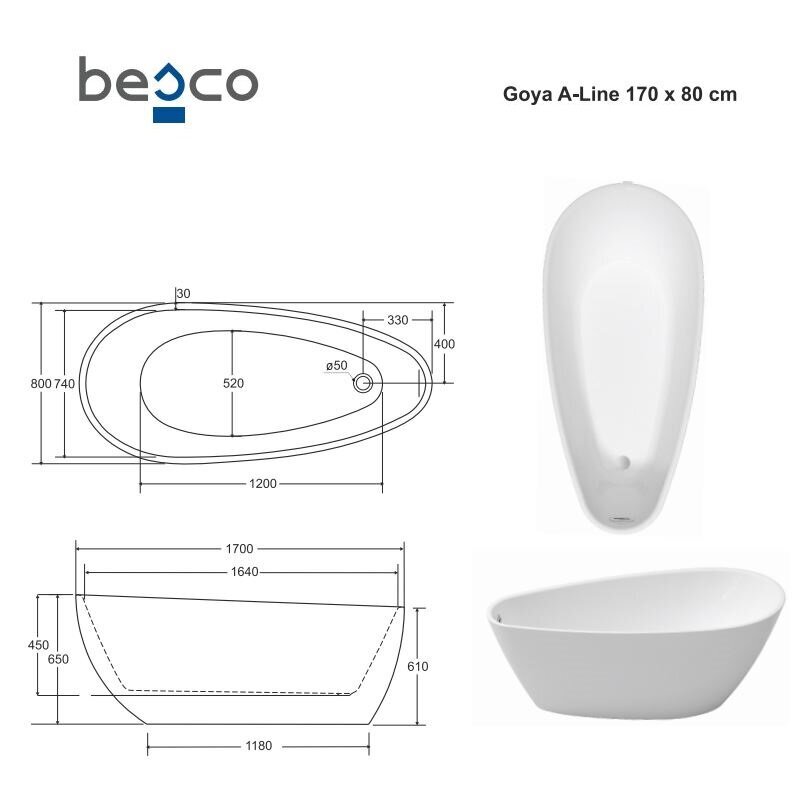Kylpyamme Besco Goya A-Line 160, kromattu sifonin kansi hinta ja tiedot | Kylpyammeet | hobbyhall.fi