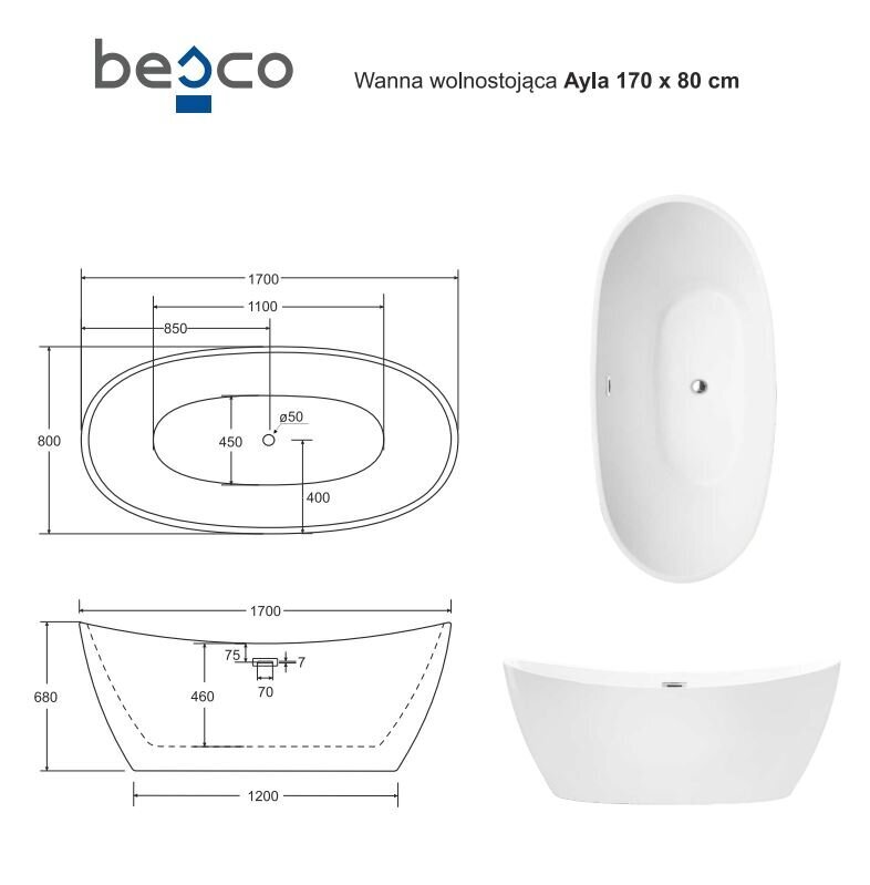 Kylpyamme Besco Goya A-Line 160, kromattu sifonin kansi hinta ja tiedot | Kylpyammeet | hobbyhall.fi