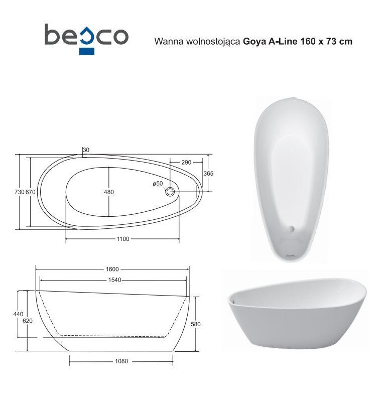 Kylpyamme Besco Goya A-Line 160, kullanvärisellä sifonilla hinta ja tiedot | Kylpyammeet | hobbyhall.fi