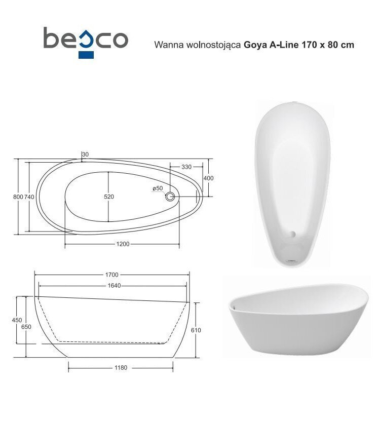 Bath Besco Goya A-Line 170 kromatulla sifonipinnoitteella hinta ja tiedot | Kylpyammeet | hobbyhall.fi