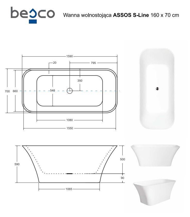 Bath Besco Assos S-Line 160, napsauta ja napsauta Chrome hinta ja tiedot | Kylpyammeet | hobbyhall.fi