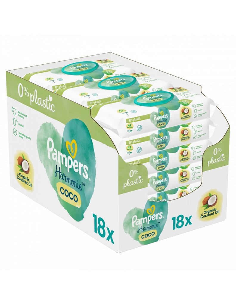 Pampers Harmonie Coco Wet vauvan lautasliinat, 18 pakkausta, 756 märkää lautasliinaa hinta ja tiedot | Vauvojen kosteuspyyhkeet | hobbyhall.fi