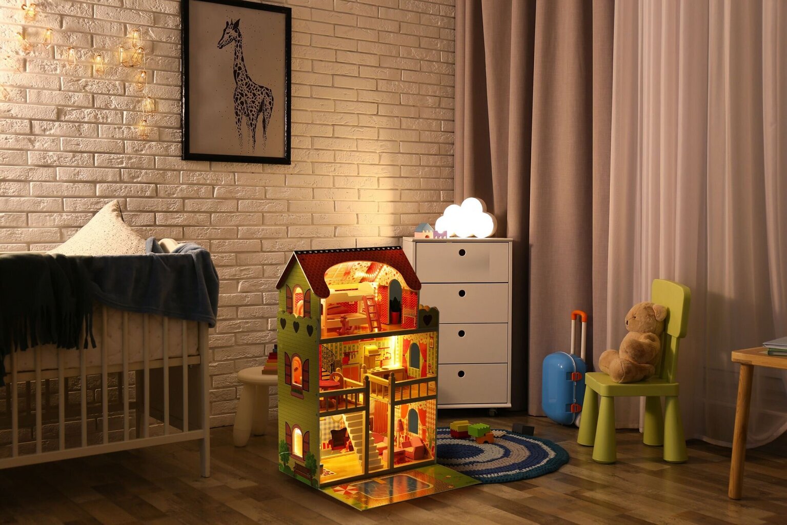 Ecotoys puinen nukkekoti Gloria, jossa LED-valot hinta ja tiedot | Tyttöjen lelut | hobbyhall.fi