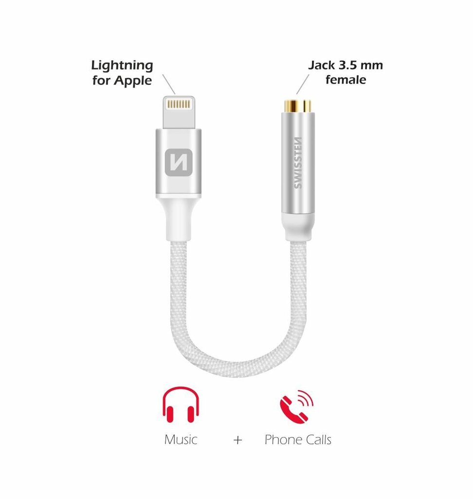Swissten Lightning to Jack 3.5mm Audio Adapter for iPhone and iPad 15 cm Silver hinta ja tiedot | Adapterit | hobbyhall.fi