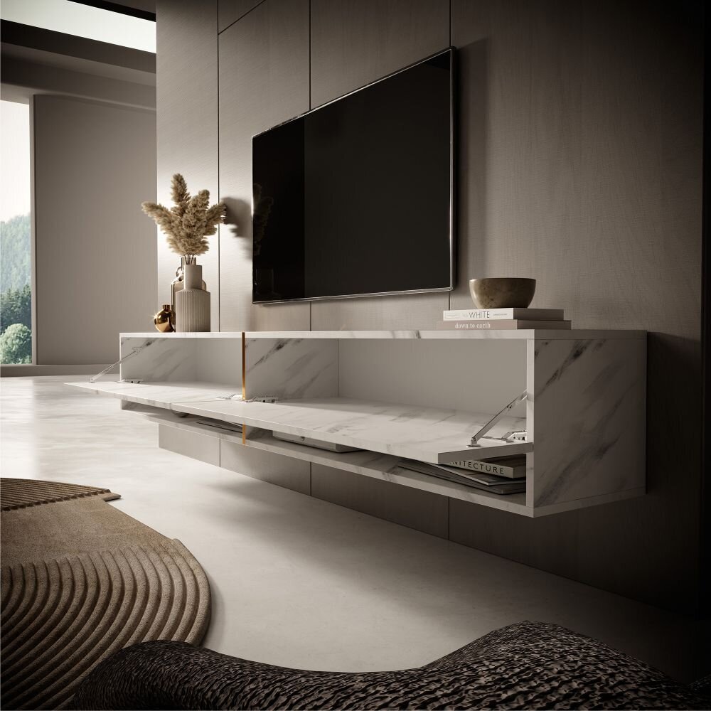 TV-pöytä SELSEY Mirrgo 140 valkoinen marmori + kultainen sisus hinta ja tiedot | TV-tasot | hobbyhall.fi