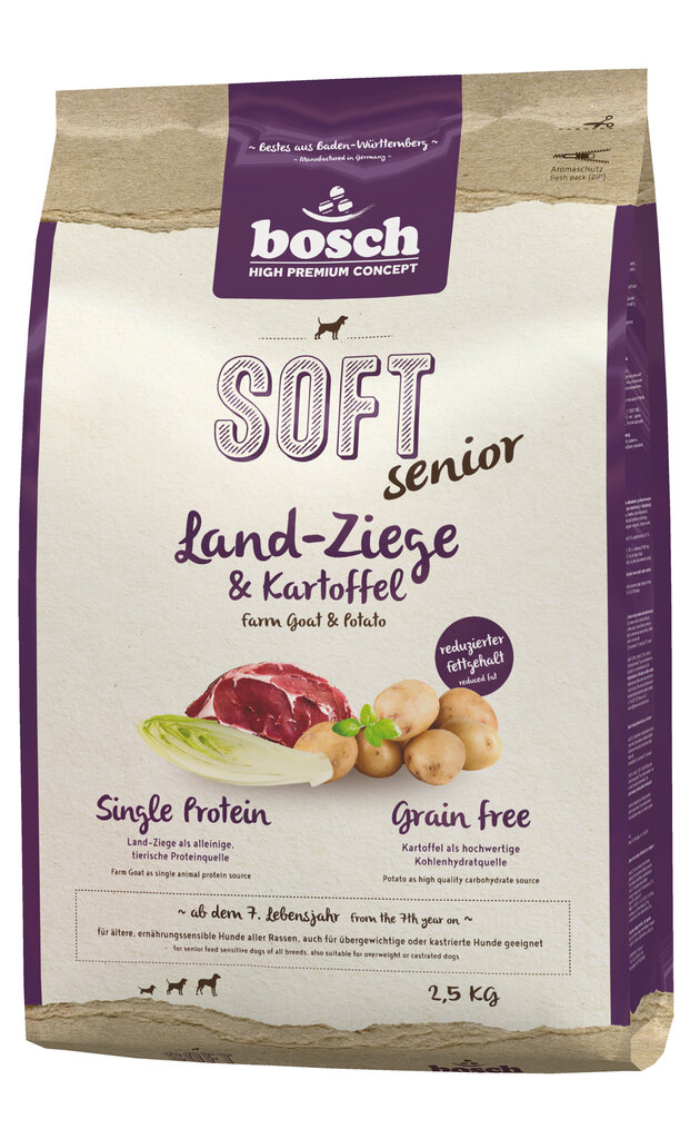 Bosch Petfood Plus HPC Soft+Senior Farm vuohen viljaton (yksi proteiini) 2.5kg hinta ja tiedot | Koiran kuivaruoka | hobbyhall.fi