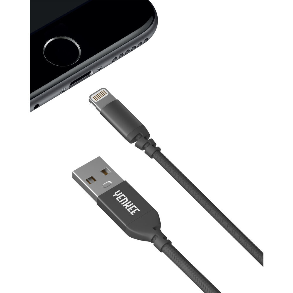 YENKEE - Punottu kaapeli, 2.0 USB A - Salama, MFi-sertifioitu, 480 Mbps, 5V / 2.4A, 10W, 1 m, alumiinikotelo, väritykseltään musta. hinta ja tiedot | Puhelinkaapelit | hobbyhall.fi