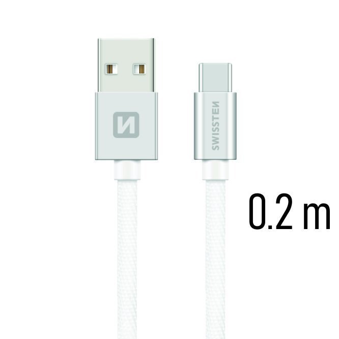 Swissten Textile Universal Quick Charge 3.1 USB-C Data and Charging Cable 20 cm Silver hinta ja tiedot | Puhelinkaapelit | hobbyhall.fi