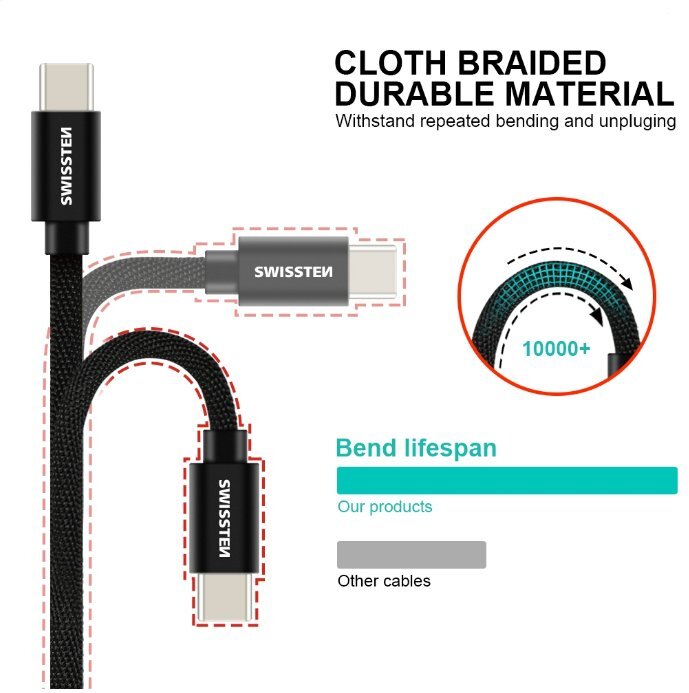 Swissten Textile Universal Quick Charge 3.1 USB-C Data and Charging Cable 3m Black hinta ja tiedot | Puhelinkaapelit | hobbyhall.fi