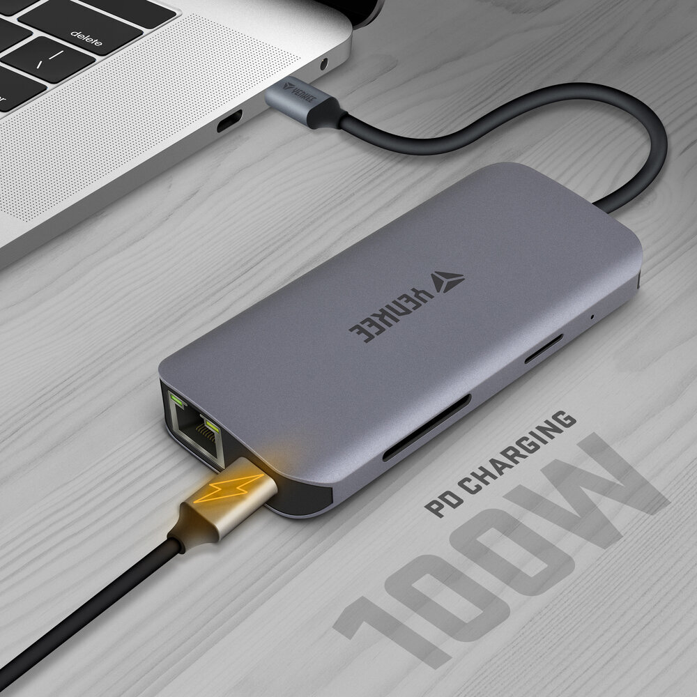 YENKEE - USB-keskitin 8in1 , 3.2 (Gen 1) USB C - 1xUSB-C, 100W/1xHDMI 4k @30Hz /1xUSB-A 2.0/ 1xUSB-A 3.0/portti RJ-45 (Ethernet), 1000 Mbps/ SD/Micro SD. hinta ja tiedot | Adapterit | hobbyhall.fi