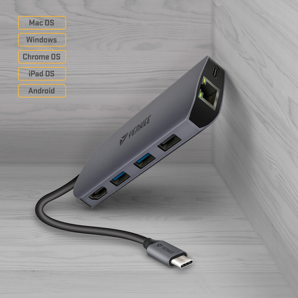 YENKEE - USB-keskitin 8in1 , 3.2 (Gen 1) USB C - 1xUSB-C, 100W/1xHDMI 4k @30Hz /1xUSB-A 2.0/ 1xUSB-A 3.0/portti RJ-45 (Ethernet), 1000 Mbps/ SD/Micro SD. hinta ja tiedot | Adapterit | hobbyhall.fi