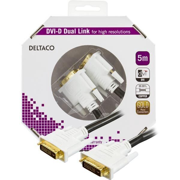 Deltaco DVI-600C-K DVI-kaapeli 5 m DVI-D musta, valkoinen hinta ja tiedot | Kaapelit ja adapterit | hobbyhall.fi
