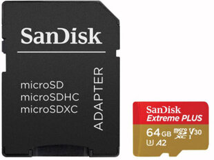 Sandisk-muistikortin microSDXC 64 Gt Extreme Plus + -sovittimen kanssa hinta ja tiedot | Sandisk Puhelimet, älylaitteet ja kamerat | hobbyhall.fi
