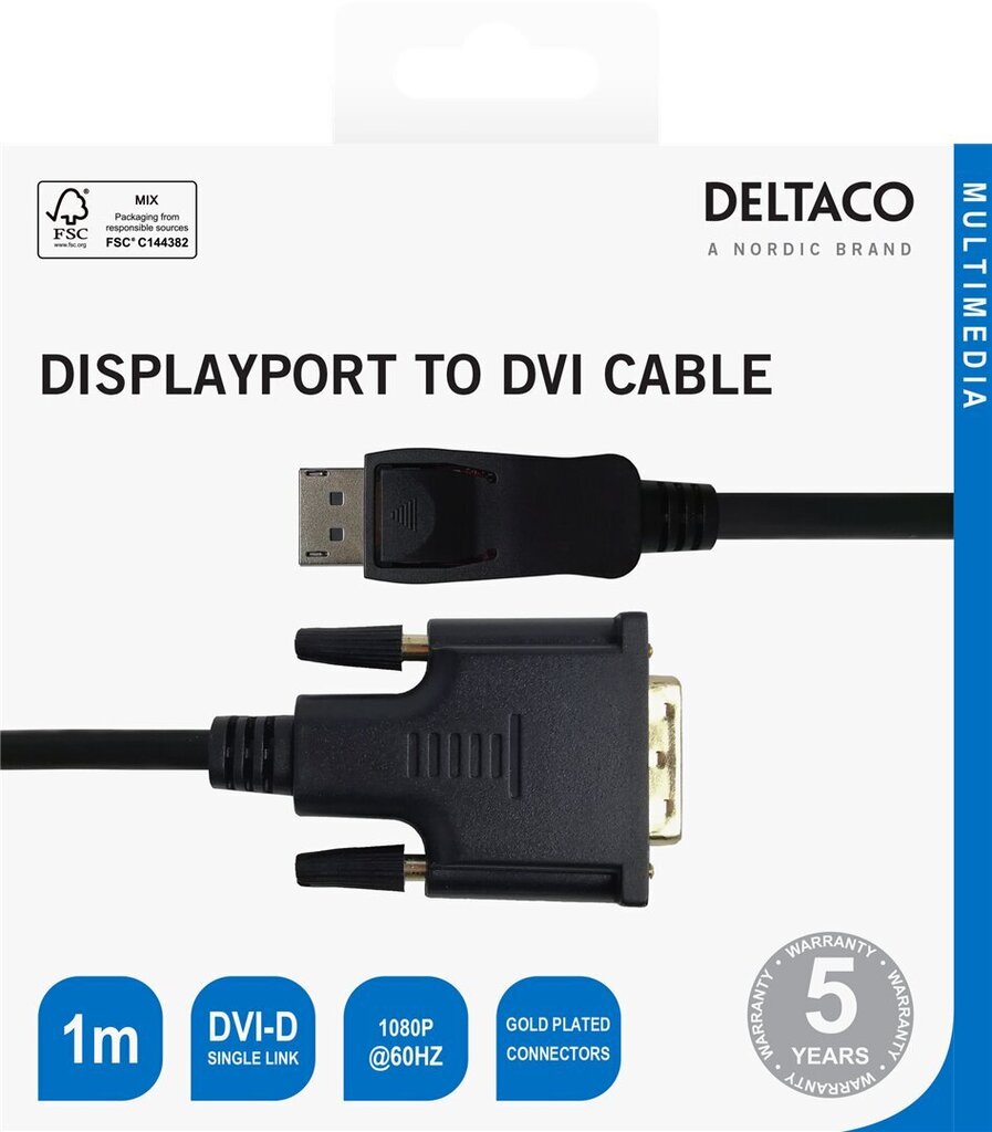 Deltaco, DisplayPort - DVI-D, 1080p 60Hz, 1 m hinta ja tiedot | Kaapelit ja adapterit | hobbyhall.fi