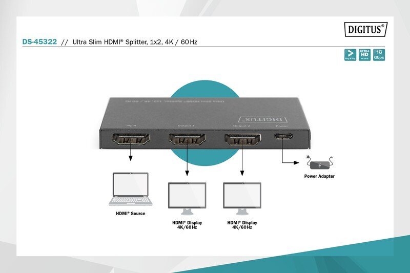 Digitus HDMI Audio- ja videojakaja DS-45322 hinta ja tiedot | Adapterit | hobbyhall.fi
