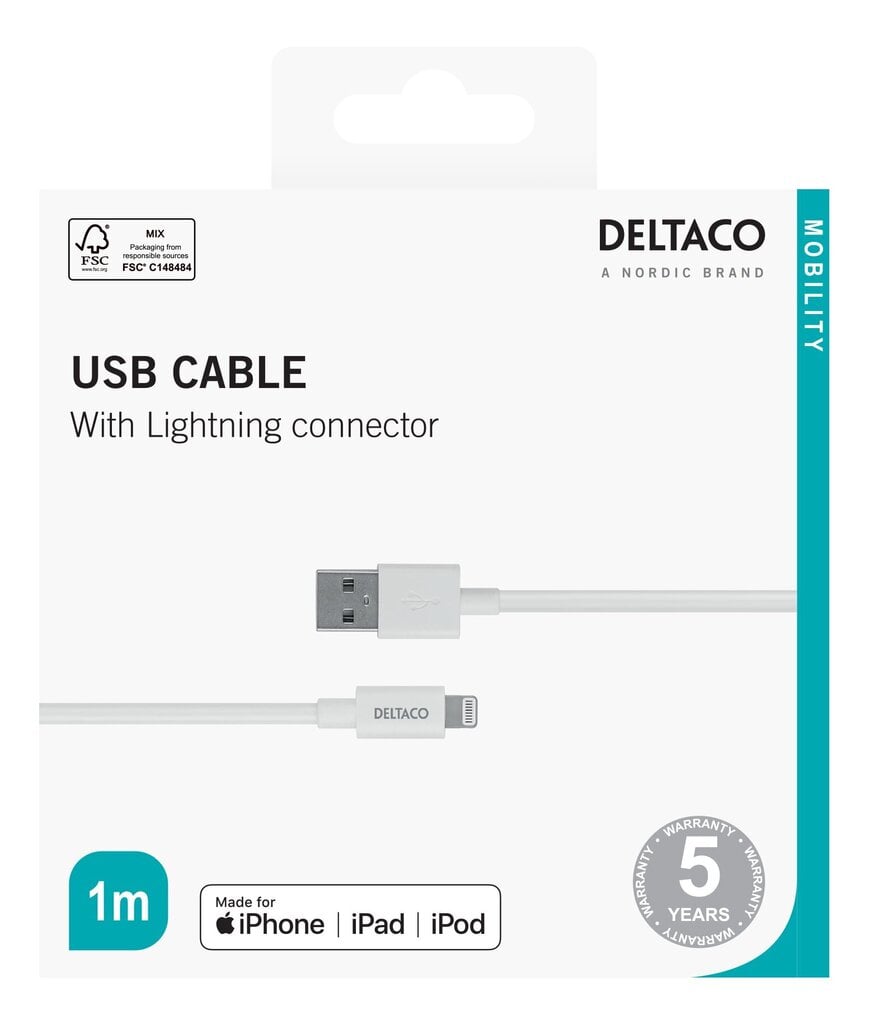 Deltaco : IPLH-401, USB A, Lightning, pituus : 1 metriä. hinta ja tiedot | Puhelinkaapelit | hobbyhall.fi