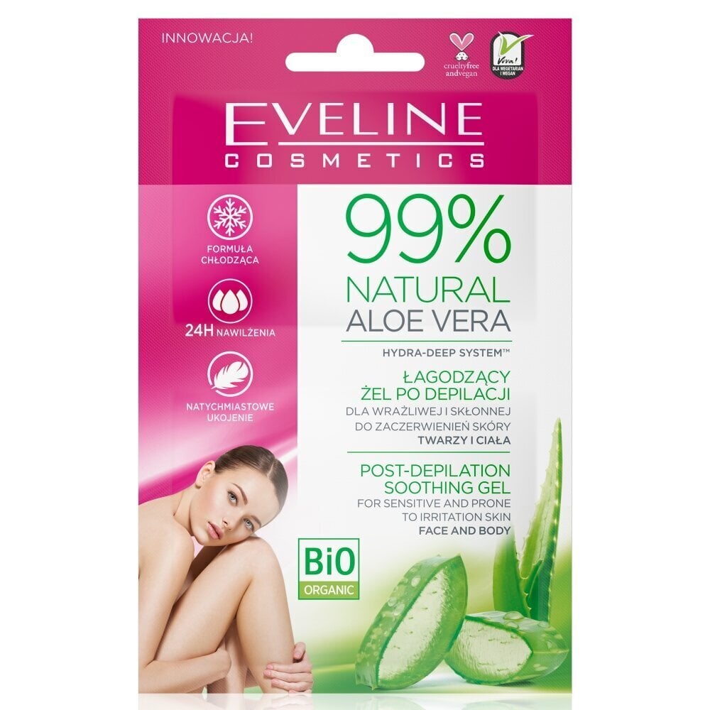 Eveline 99% Natural Aloe Vera Post-Depilation Soothing Gel - Rauhoittava epiloinnin jälkeinen geeli herkälle ja helposti punoittavalle kasvojen ja vartalon iholle, 5mlx2. hinta ja tiedot | Karvanpoistoaineet | hobbyhall.fi